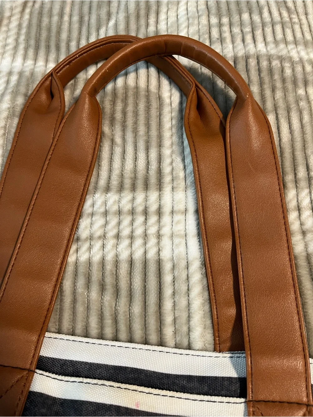Kindred Bravely Black & White Striped Tote with Brown Accents